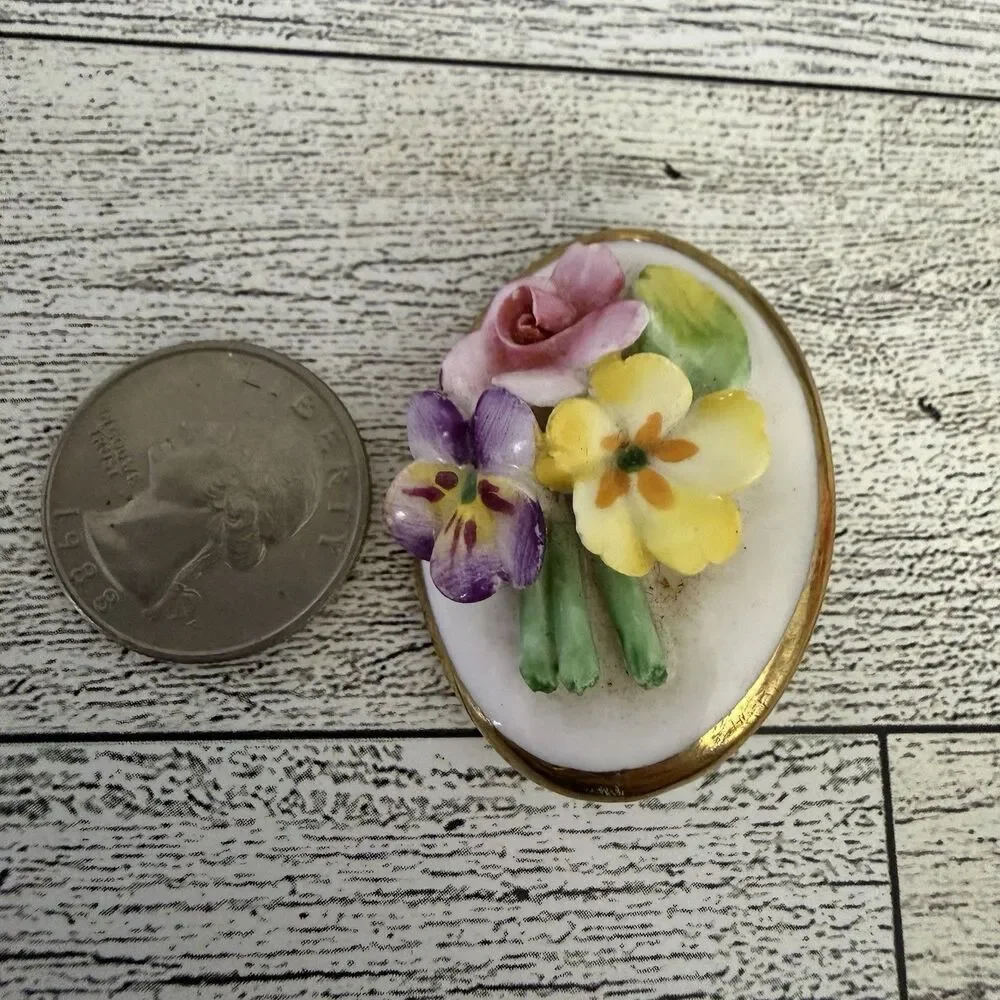 Artone Vintage British Bone China Yellow Rose Pansies Flower Brooch England